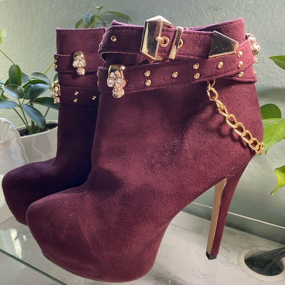 Maroon Skull Detail Platform Wedge Booties - Picture 5 of 16